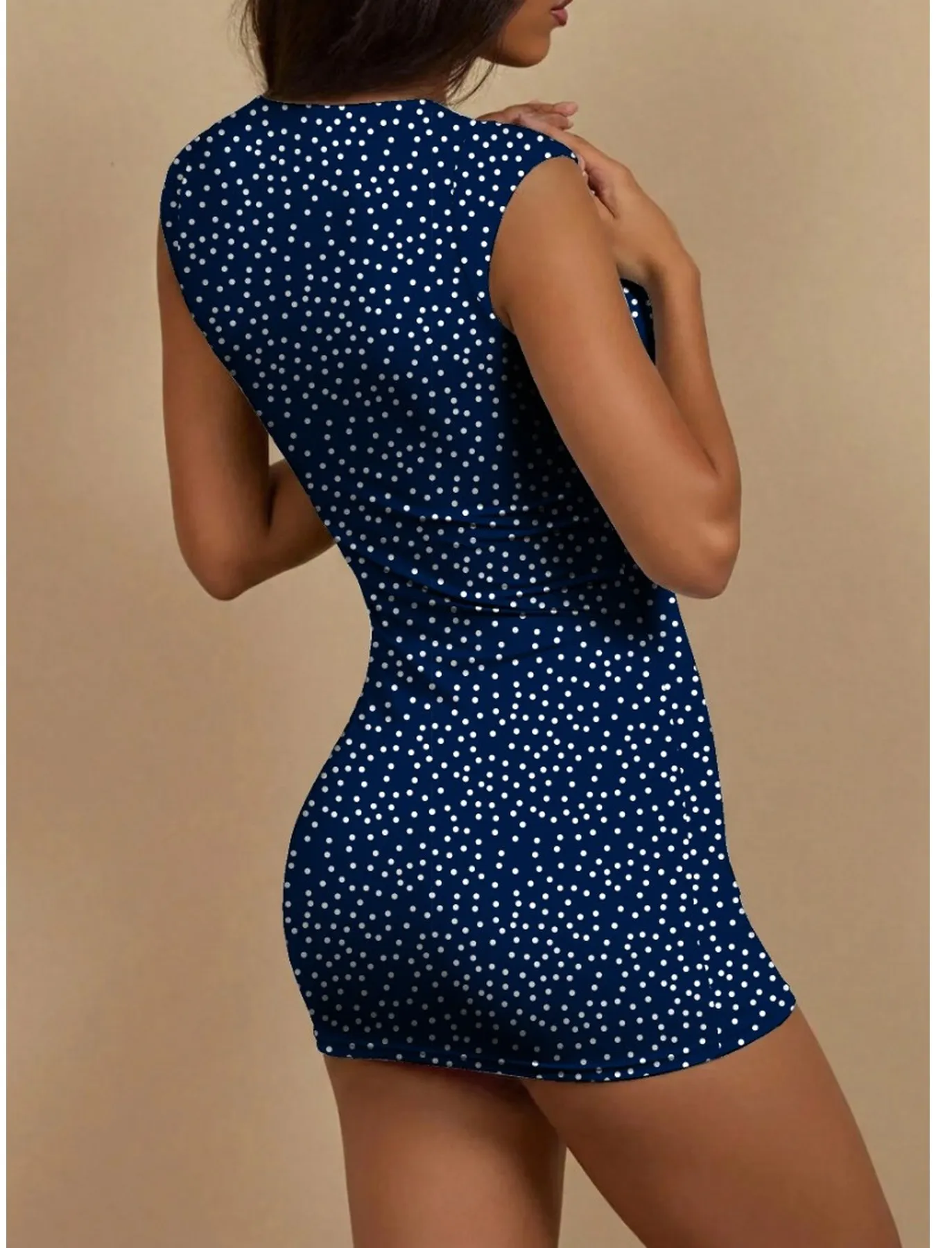 Women's Summer Casual Waist Cinched Square Neck Polka Dot Printed Sleeveless Dress Mid Length Skirt — image 2