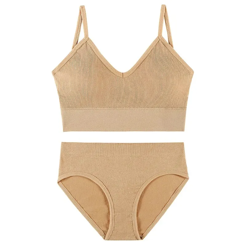 Women's Seamless Ribbed Bra and Panty Set 2 Piece Spaghetti Strap Crop Top High Stretch Lingerie Set with Removable Pads — image 4