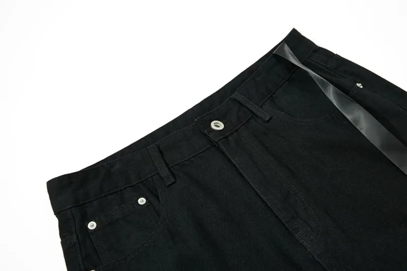 Vintage Washed Black Slim Fit Flare Jeans Long Ribbon Y2k Streetwear Casual Skinny Bell Bottom Jeans Distressed Fashionable — image 8