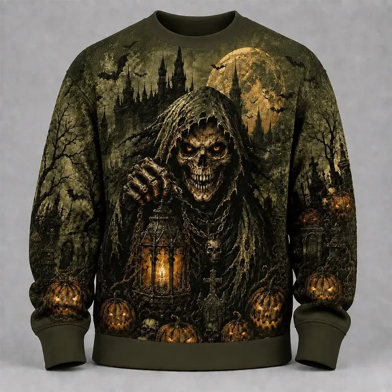 Fleece Sweatshirts Halloween Men's Skulls Sweatshirt Punk Party Gothic Crew Neck Vacation Blue Dark orange Brown Green — image 15