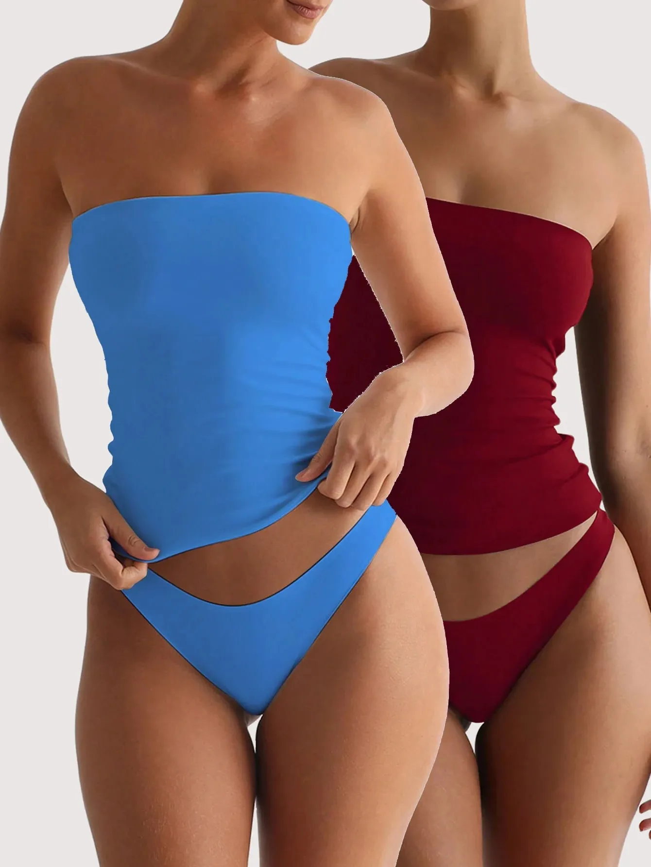 2 Pack Solid Strapless Tube Top Women Soft Stretch Sleeveless Slim Basic Elegant Layering Bandeau Cami Daily Casual Outfit