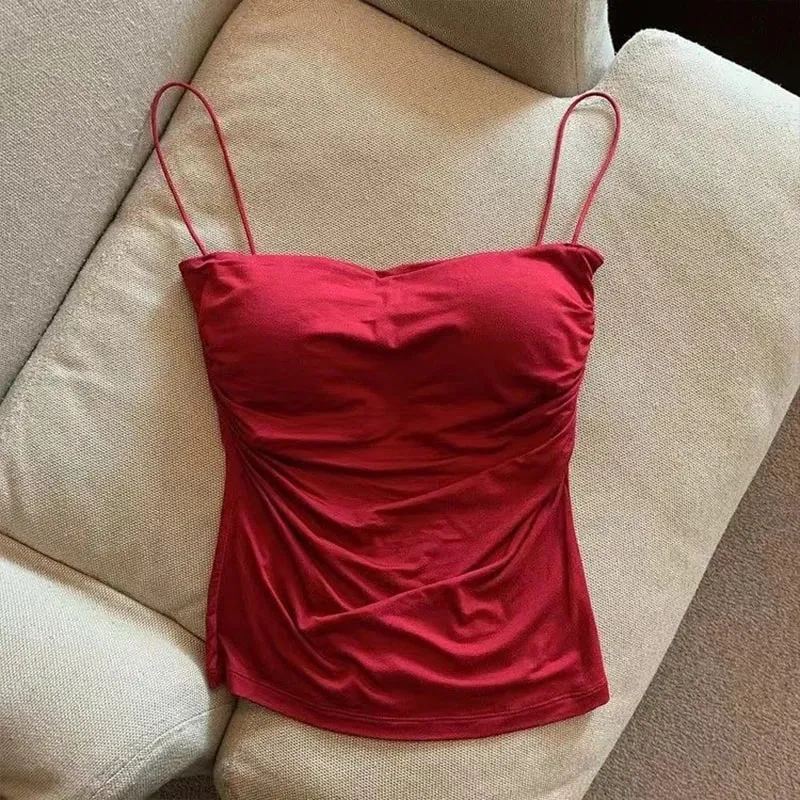 New-Sexy Solid Pleated Tank Camisole Women's Summer Spaghetti Strap Sleeveless Tops — image 6