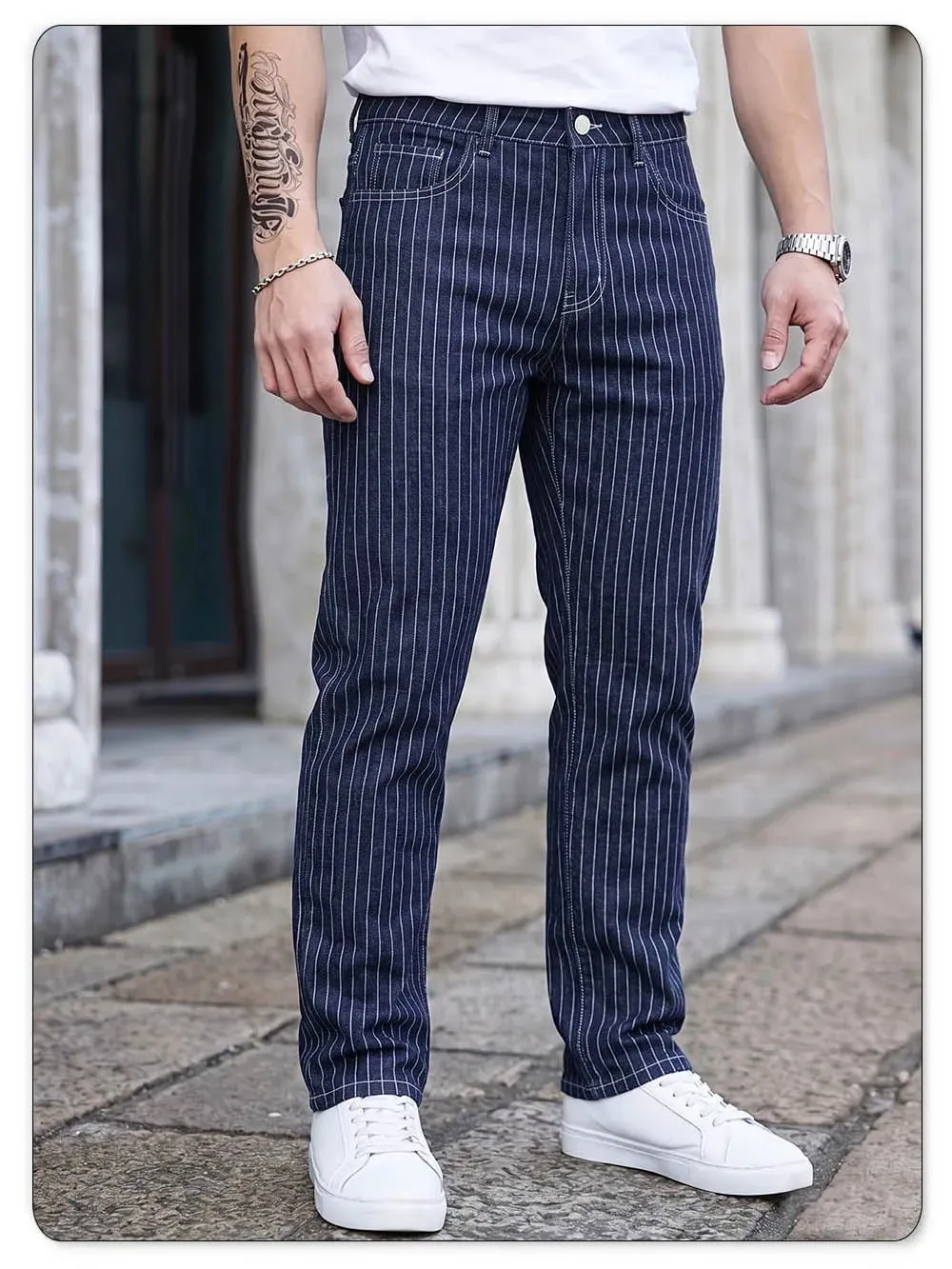 Light Luxury Blue White Striped Jacquard Slim Elastic Fit Straight Leg Jeans Business Casual Style Commuting Denim Pants