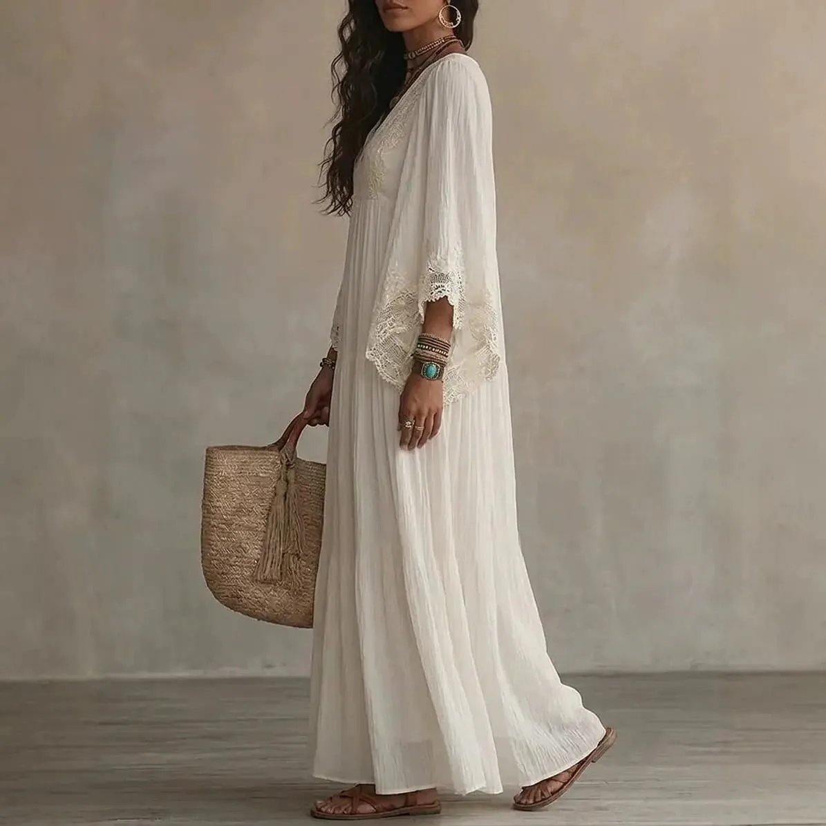 Summer Elegant Solid Dresses Womens Casual Lace Trim V Neck Flowy Maxi Dress Beach Holiday Party Maxi Dresses Robe Vestidos — image 5