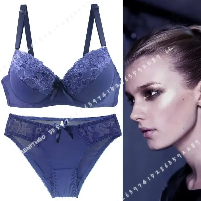 Women Push Up Bra Set Lace Thong Underwear Solid Bow Lingerie Plus Size 70-105 BCDE Cup Female Intimates — image 7