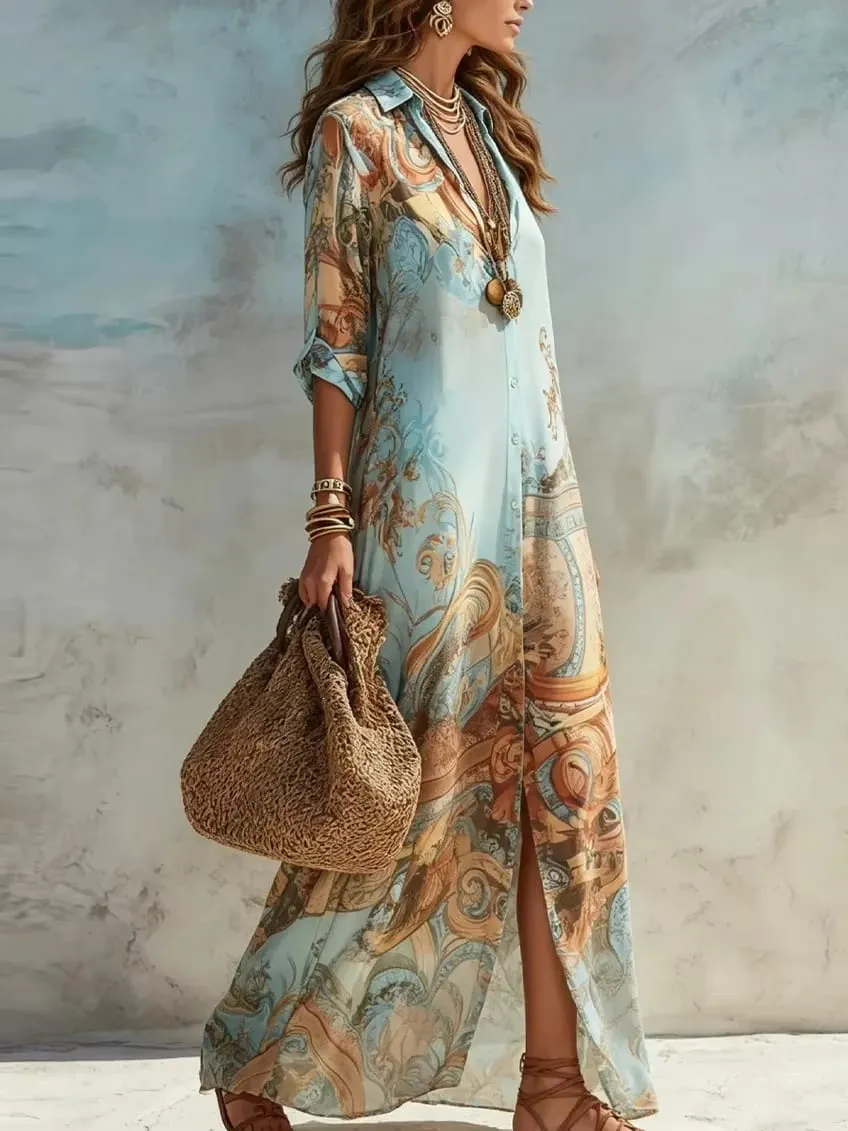 Elegant Shirt Dress for Women Chiffon Digital Print Turndown Collar Single-breasted Dresses Flowy Casual Boho Summer Clothing — image 3