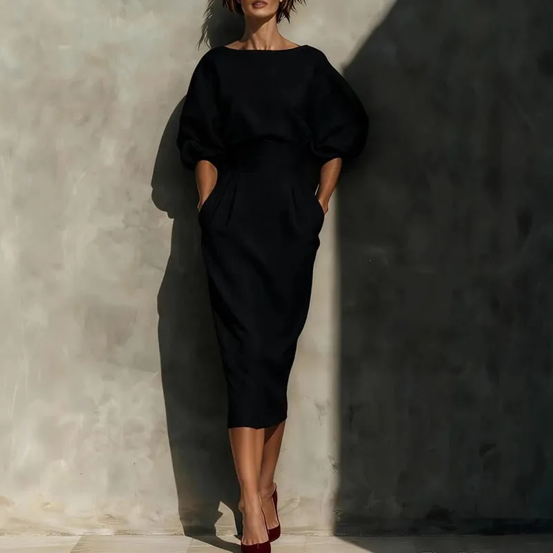 Elegant Fashion Solid Party A-lien Dress Casual O-neck Lantern Sleeve Pocket Dress Temperament High Waist Pleated Wrap Hip Dress — image 7