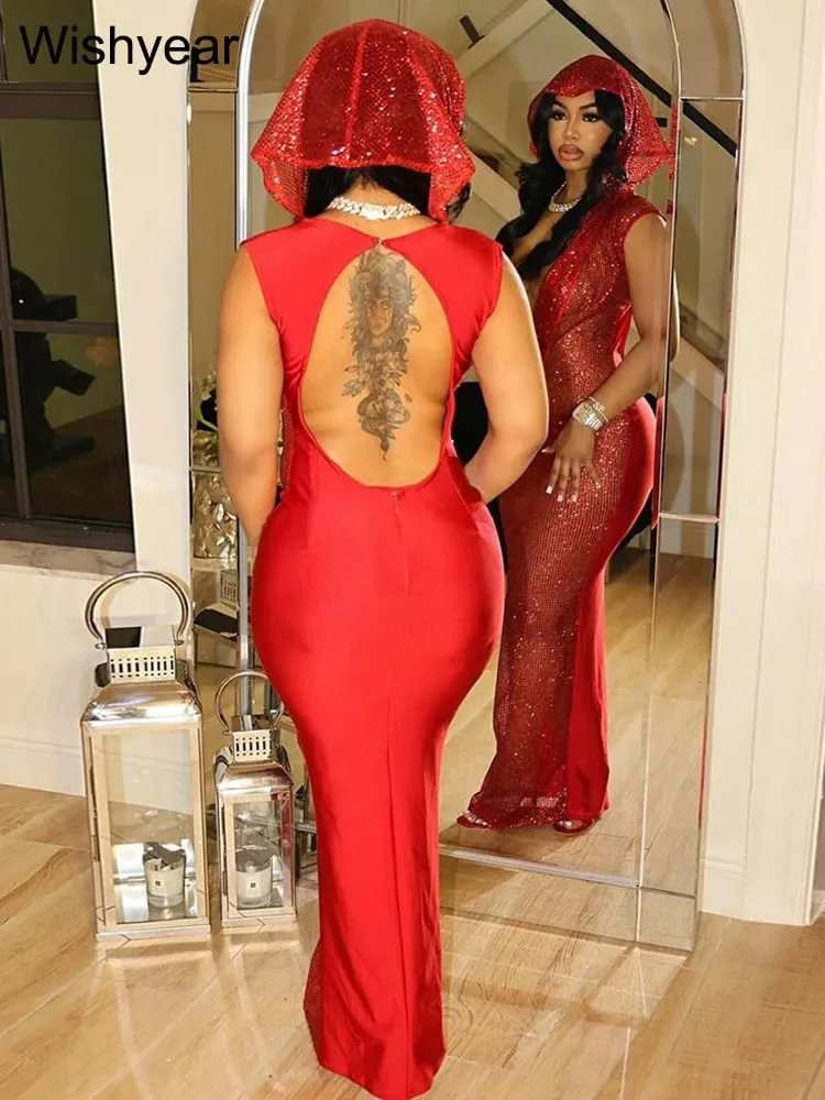 New Luxury Birthday Red Hooded Dress for Women Sexy Deep V Neck Sequins Glitter Mesh See Through Back Open Sparkly Evening Robe — image 3