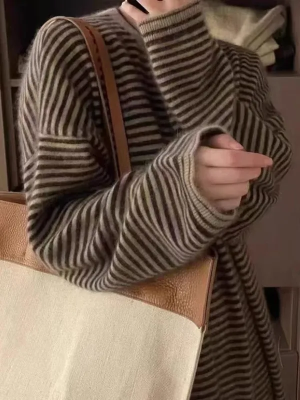 Lazy and Comfortable 100% Pure Cashmere Straight Striped Dress Joker Knit Bottoming Shirt Sweater Skirt in Autumn and Winter — image 1