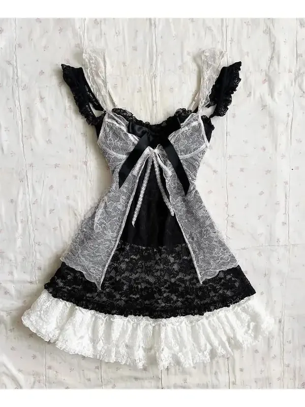 Y2K – ensemble deux pièces Vintage en dentelle pour femmes, ensemble deux pièces, élégant Cardigan rétro + Mini robe Slim sans manches à la mode — image 6