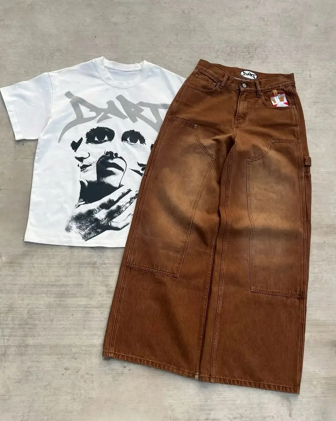 Mens Streetwear Brown Washed Denim Carpenter Pants Cigarette Pattern Pocket Loose High Waist Wide Leg Casual Jeans Daily Wear