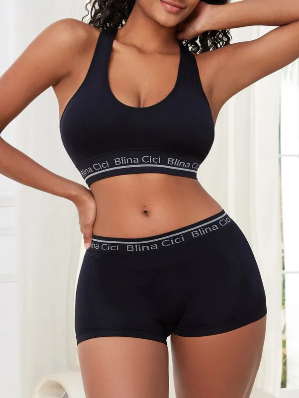 Women's Letter Print 2 Piece Scoop Neck Bra and Mid Rise Boyshort Lingerie Set