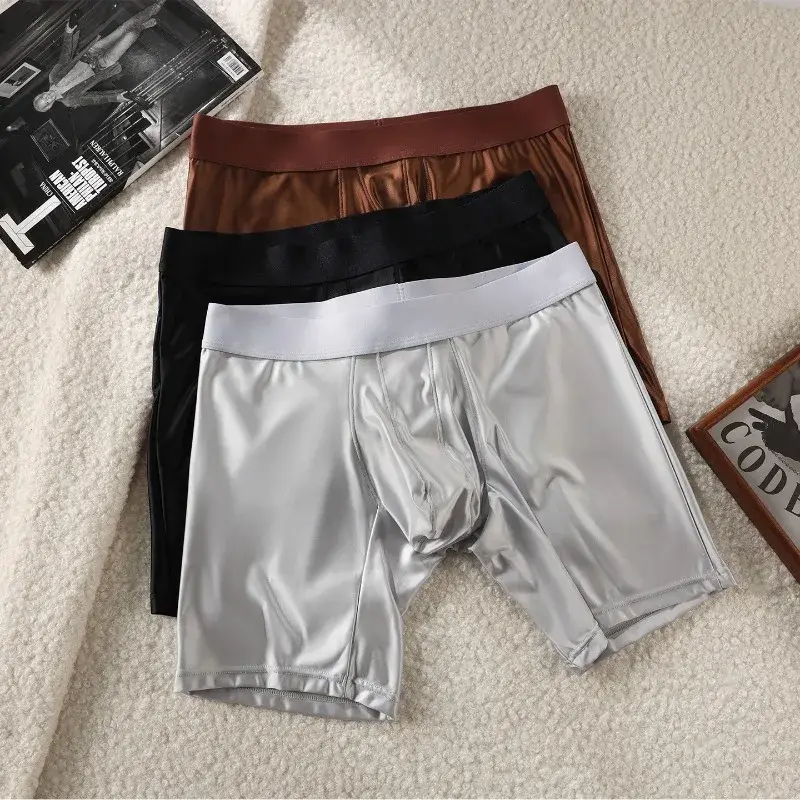 Bright Silky Smooth Underwear Men Stretch Satin Seamless Long Leg Boxer Shorts Bugle Pouch Sport Underpant Club Party Lingerie — image 8