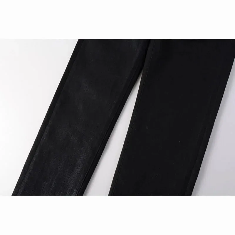 Men's Black Coated Slim Tapered Jeans Washed Distressed Design Button Fly High Street Style — image 5