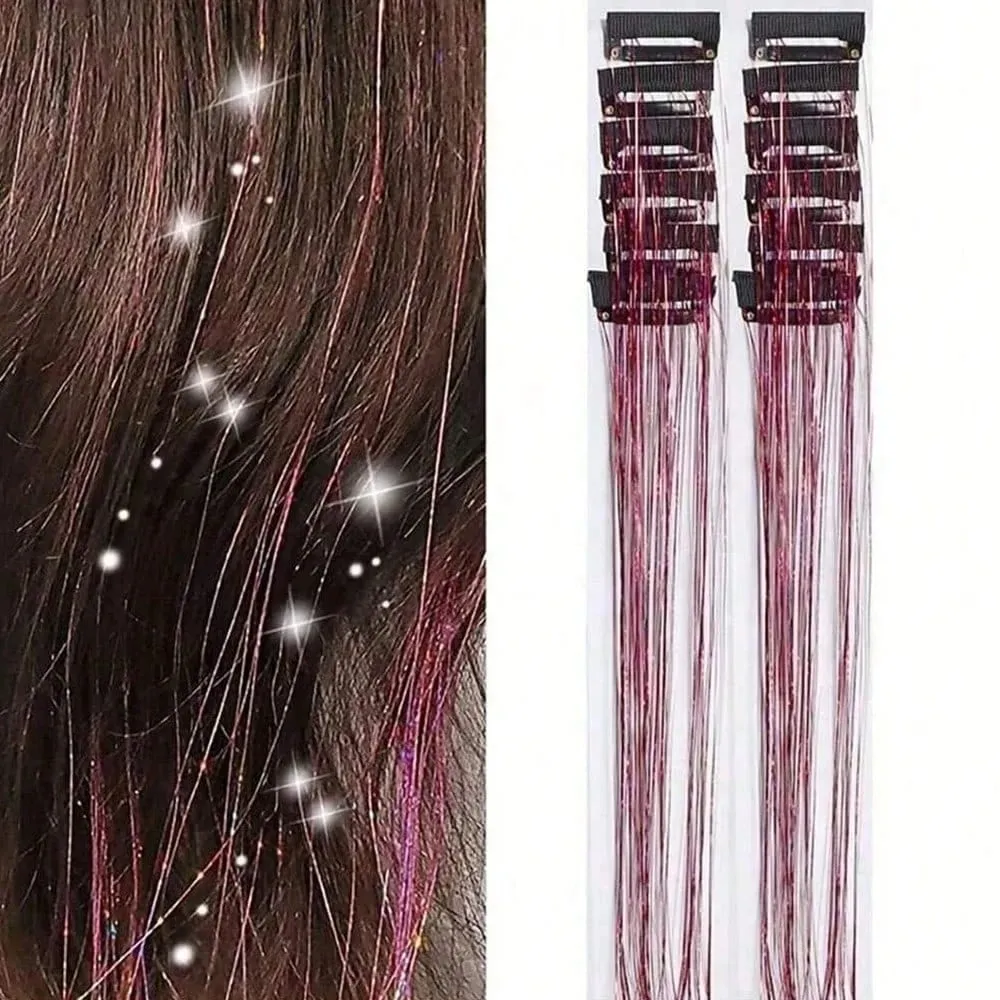 12Pcs Hair Tinsel Clip In 19.7" Glitter Tinsel Hair Extensions Synthetic Clip In Sparkle Hair Accessories For Kids Girls Women