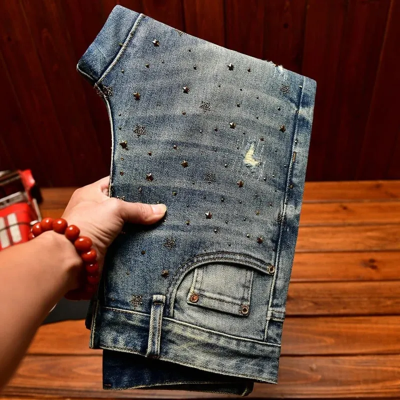 Fashionable light luxury jeans with men's patch design trendy retro elastic ripped pants — image 6