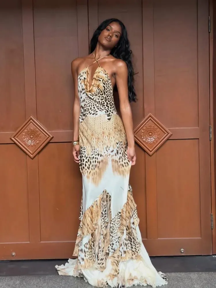 Women's Leopard Print Long Maxi Dress Halter Neck Plunge Front Tiered Ruffle Mermaid Skirt Elegant Party Cocktail Daily Gowns — image 3