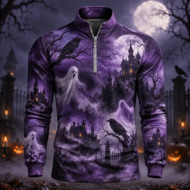 Men 1/4 Zip Sweatshirt Ghost Crow Haunted Castle Halloween Print Long Sleeve Tops