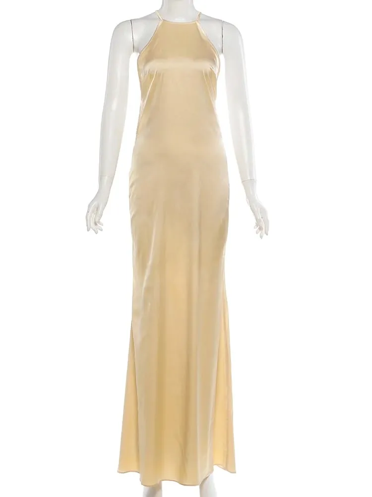 Nibber Abito senza maniche in raso con scollo all'americana Donna Fibbia in metallo Elegante patchwork Moda classica festa da sera senza schienale lungo aderente
