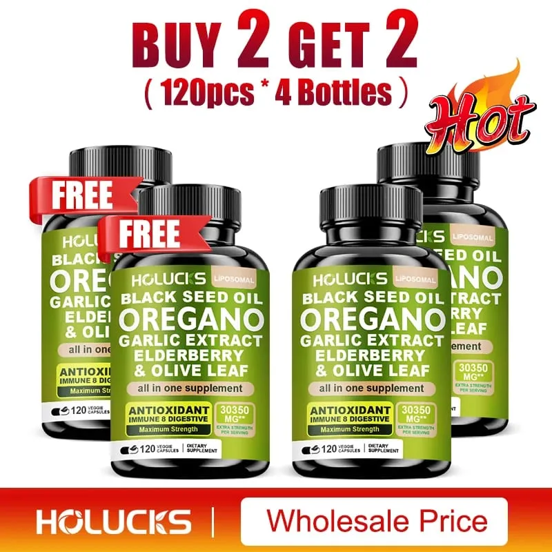 10 in One Oregano Oil Supplement Capsules Black Seed Oil Garlic Extract Elderberry - Immune & Digestive Support - 120 Pills