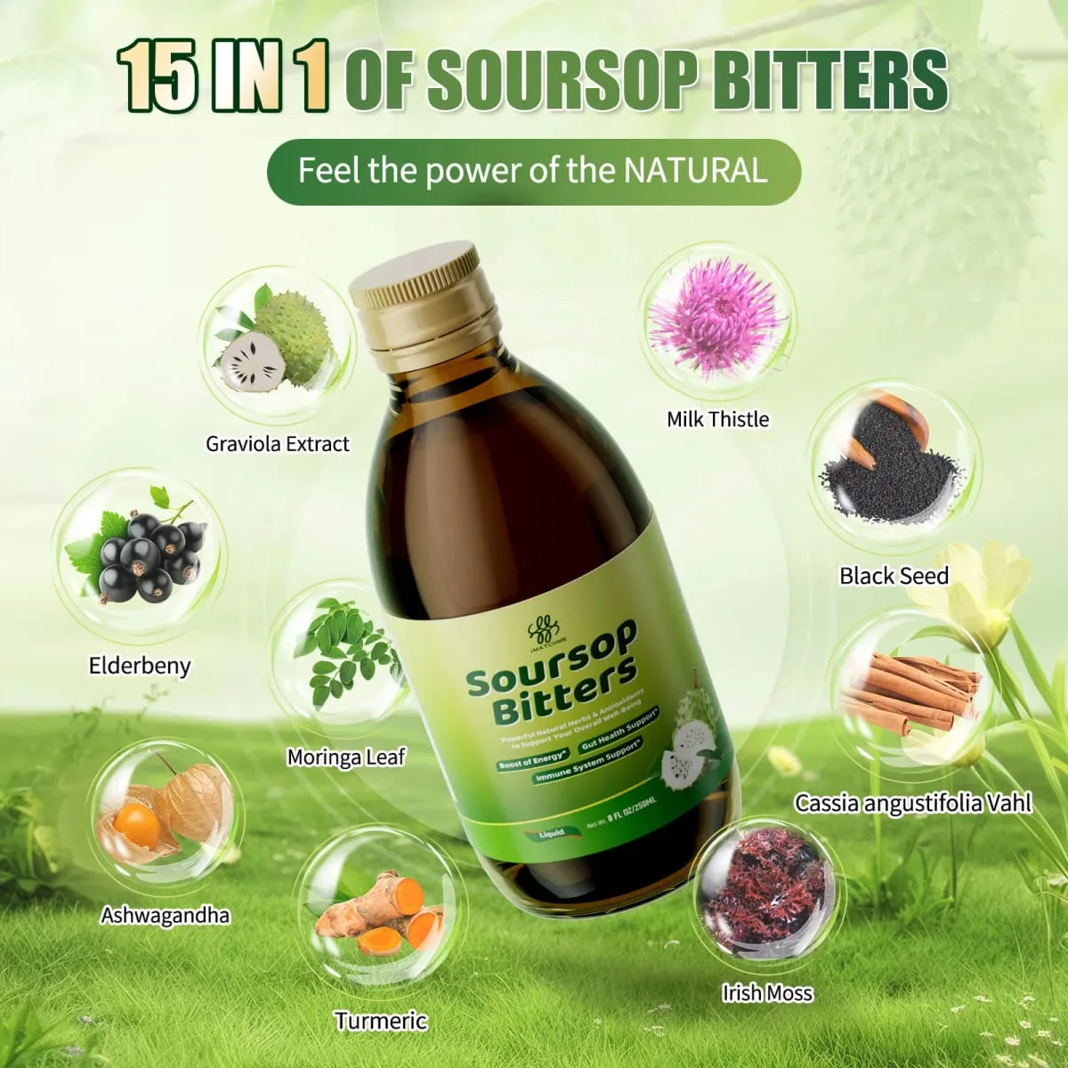 Soursop Bitters Liquid with Moringa & Turmeric for Digestive & Gut Cleanse Antioxidant Skin Health Cell Regeneration Immune — image 3