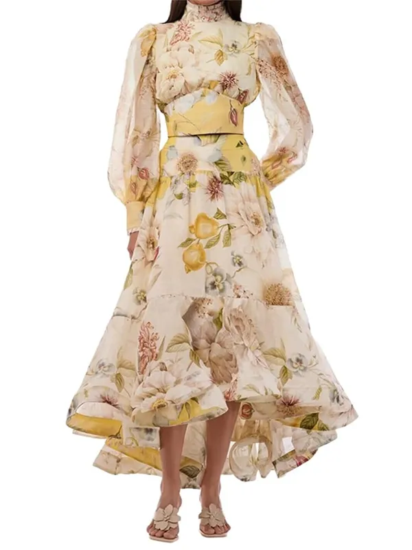 Elegant Floral Printed Women's Dress Stand Collar Full Puff Sleeve A-line Long Dresses 2026 Summer Vacation Party Lady Robes — image 9
