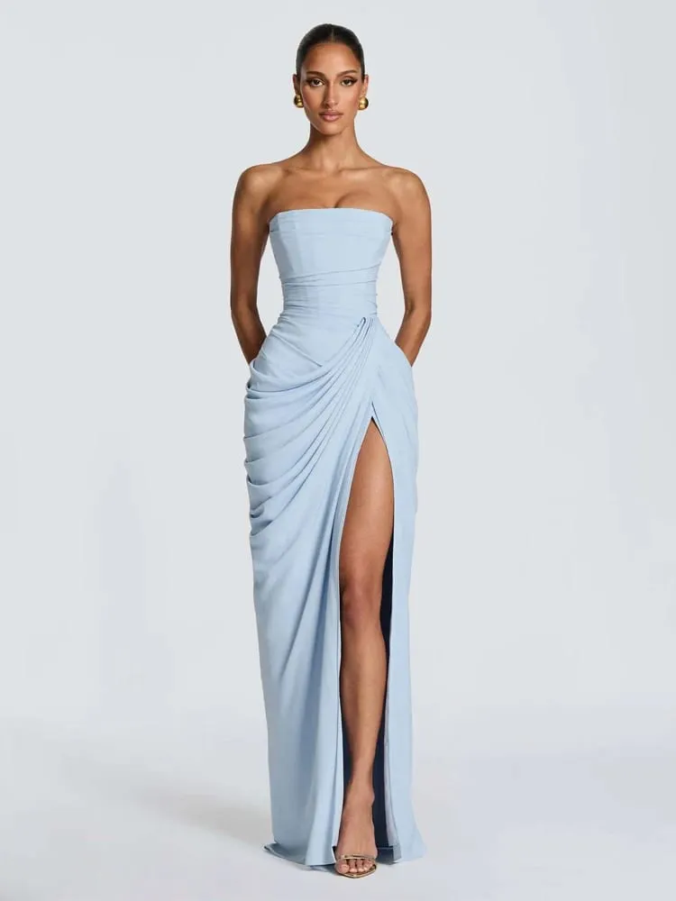Elegant Solid Pleated Strapless Maxi Dress Yellow Off-shoulder Backless High Waist Split Robe 2026 New Lady Evening Party Gown — image 6