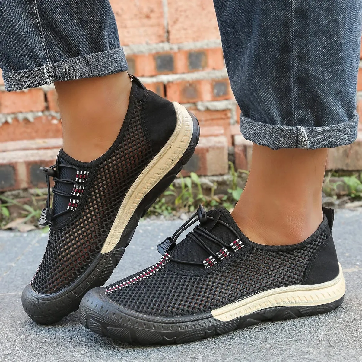 Men's Hollow Mesh Quick Toggle Lace Walking Trainers Striped Stitching Trim Wrapped Thick Rubber Toe Cap Outdoor Casual Shoes — image 5