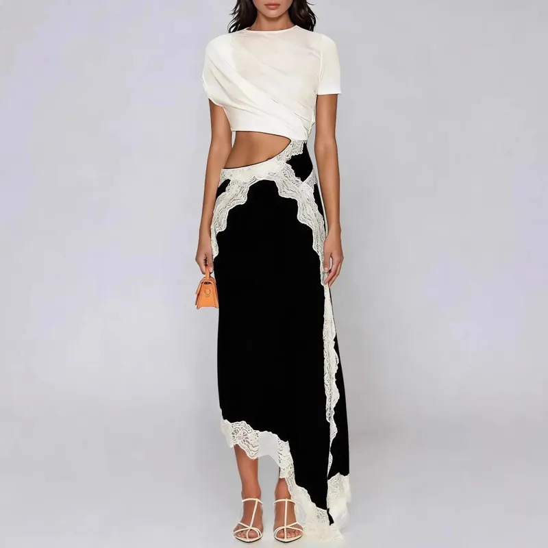 Womens Dresses 2025 Spring Summer New Solid Color Hollow Waist Irregular Lace Splicing Round Neck Short Sleeve Casual Dress — image 6