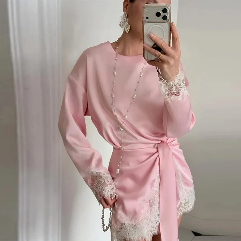 Elegant Women's Dress O-neck Full Sleeve Loose Solid Lace Hem Female Short Dresses 2026 Spring Summer New Sexy Fashion Lady Robe — image 8