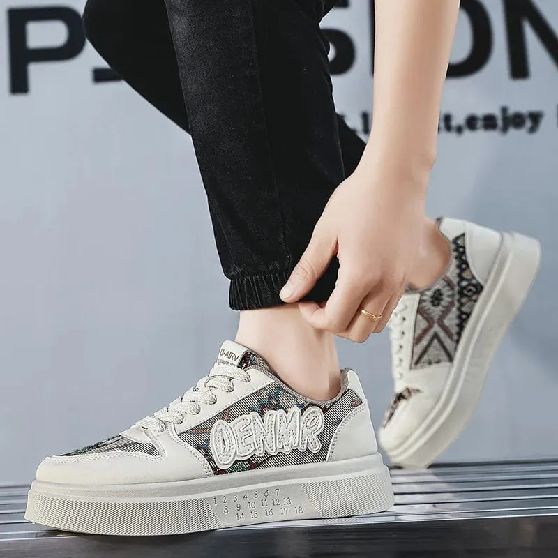 Men Spring Summer Sneakers Platform Board Shoes Ethnic Patchwork Fabric Casual Skateboard Lace Up Male Footwear