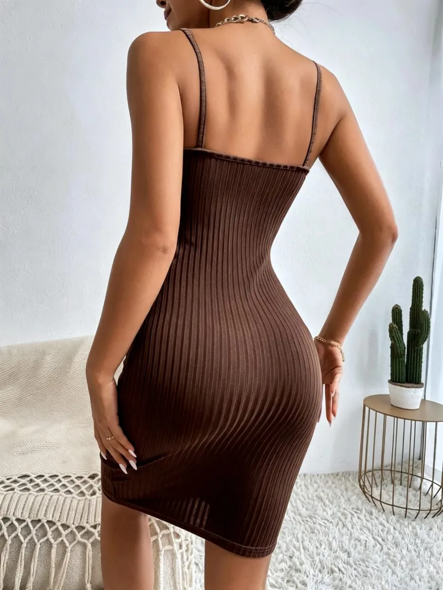 Women Vertical Ribbed Cami Midi Bodycon Dress Square Neck Thin Spaghetti Strap Slim Fitting Pencil Club Party Dress — image 2
