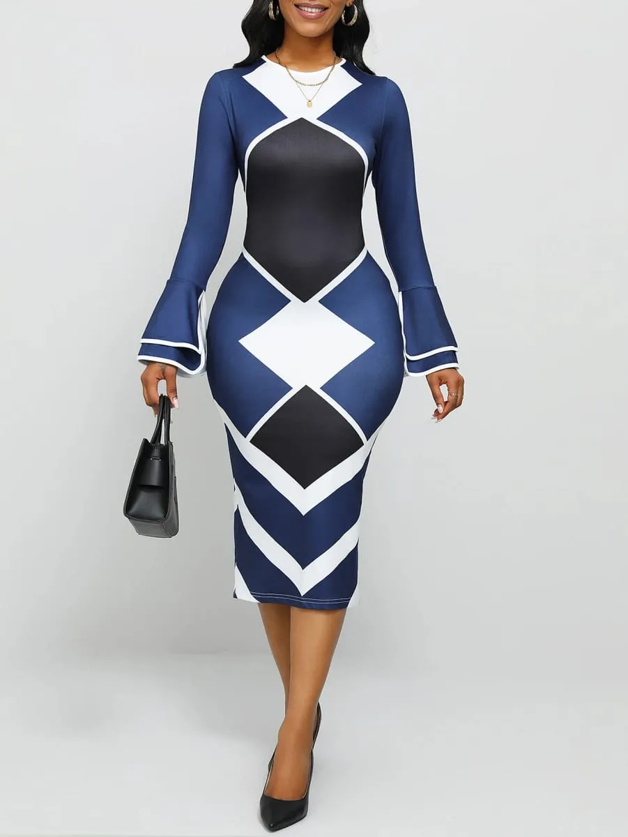 Naval Blue Geometric Print Slim Fit round Neck Dress with Flared Sleeves And Side Slit Long Skirt — image 2