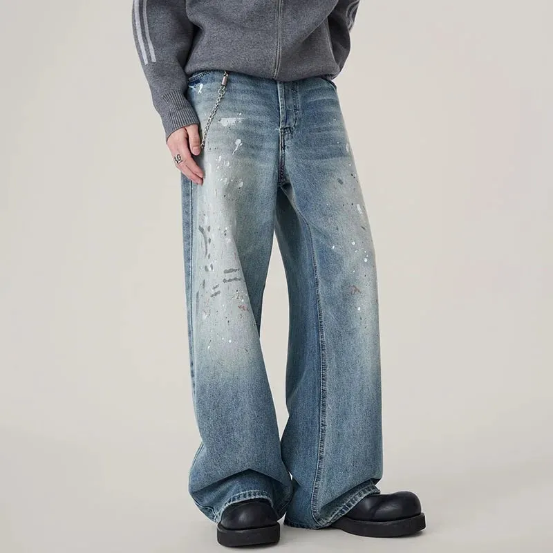Autumn Korean Splashed Ink Jeans Men'S Straight Leg Pants Fashionable High Street Retro Loose Wide Leg Pants Design Pants — image 3