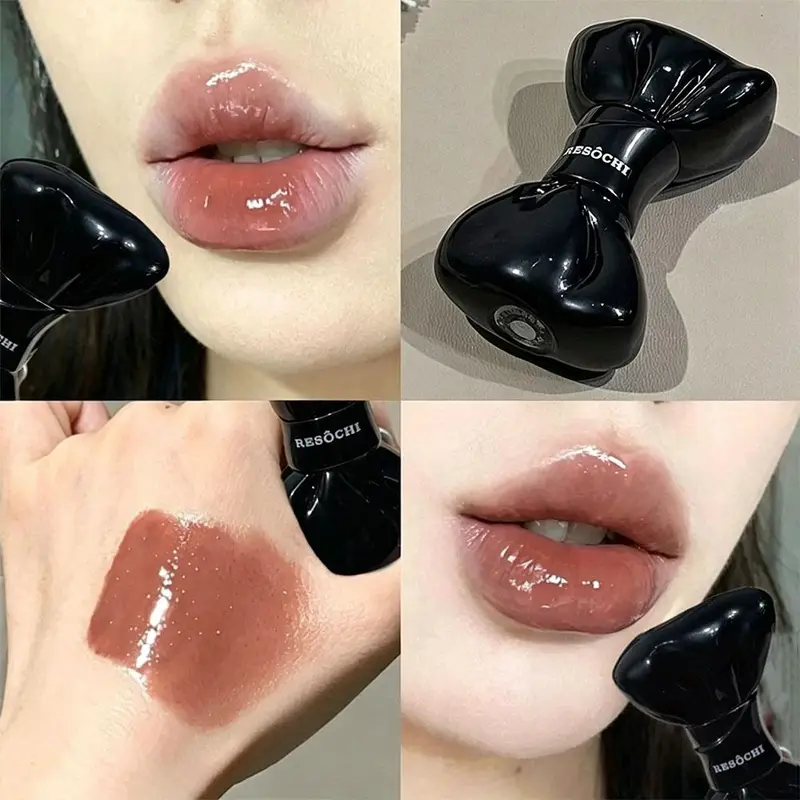 Tomato Red Jelly Mirror Lip Glaze Pink Mirror Crystal Lip Gloss Cute Bowknot Hydrating Liquid Lipstick Moisturizing Beauty Lips