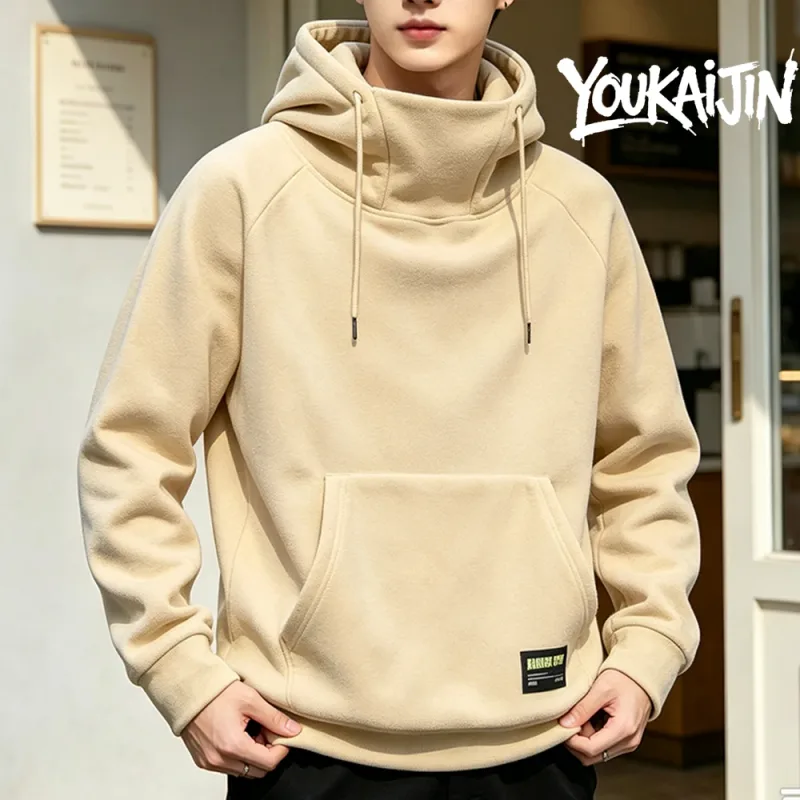 Men's Polar Fleece Sweatshirt Solid Color Street Style Autumn Winter Hood Sports Windproof Oversized High Collar Hoodie 5XL — image 7