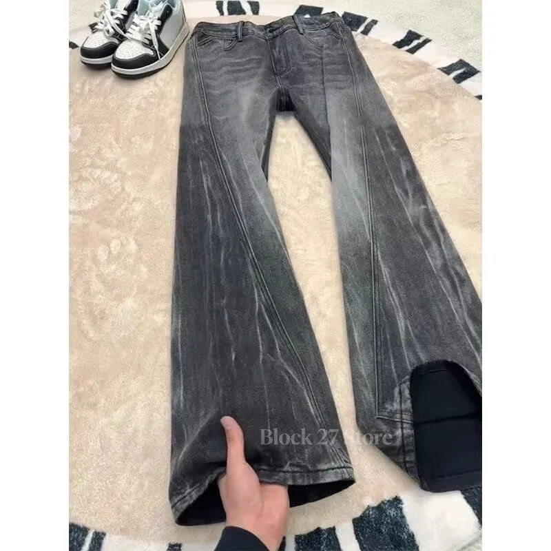 Mens Jeans Harajuku High Street Streetwear Lightning Cut Denim Pants Micro Flared Curved Fit High Waist Slim Straight Spring New