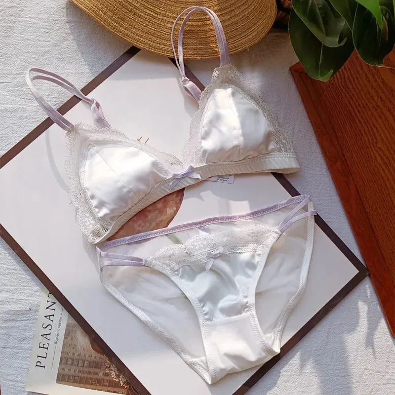 French Style Bralette No Underwire Sexy Lace Trim Small Cup Lingerie Cute 3-Piece Bra Set with Comfort Cup Shape Design S-xl
