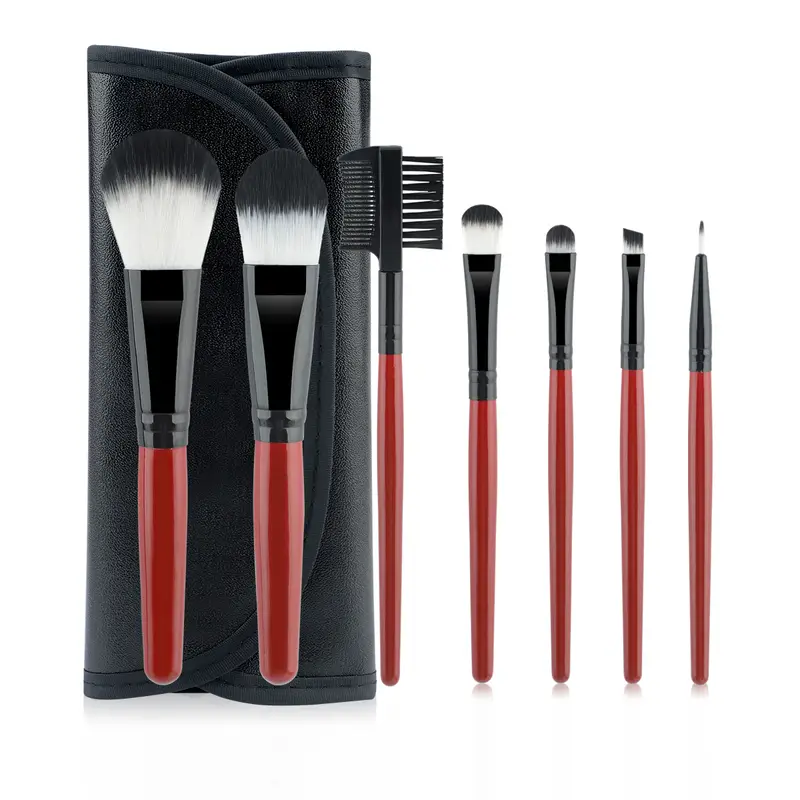 7 Pcs Wine‑red Handle Makeup Brush Set With PU Leather Storage Bag Soft Bristle Powder Blush Eyeshadow Cosmetic Brushes Kit