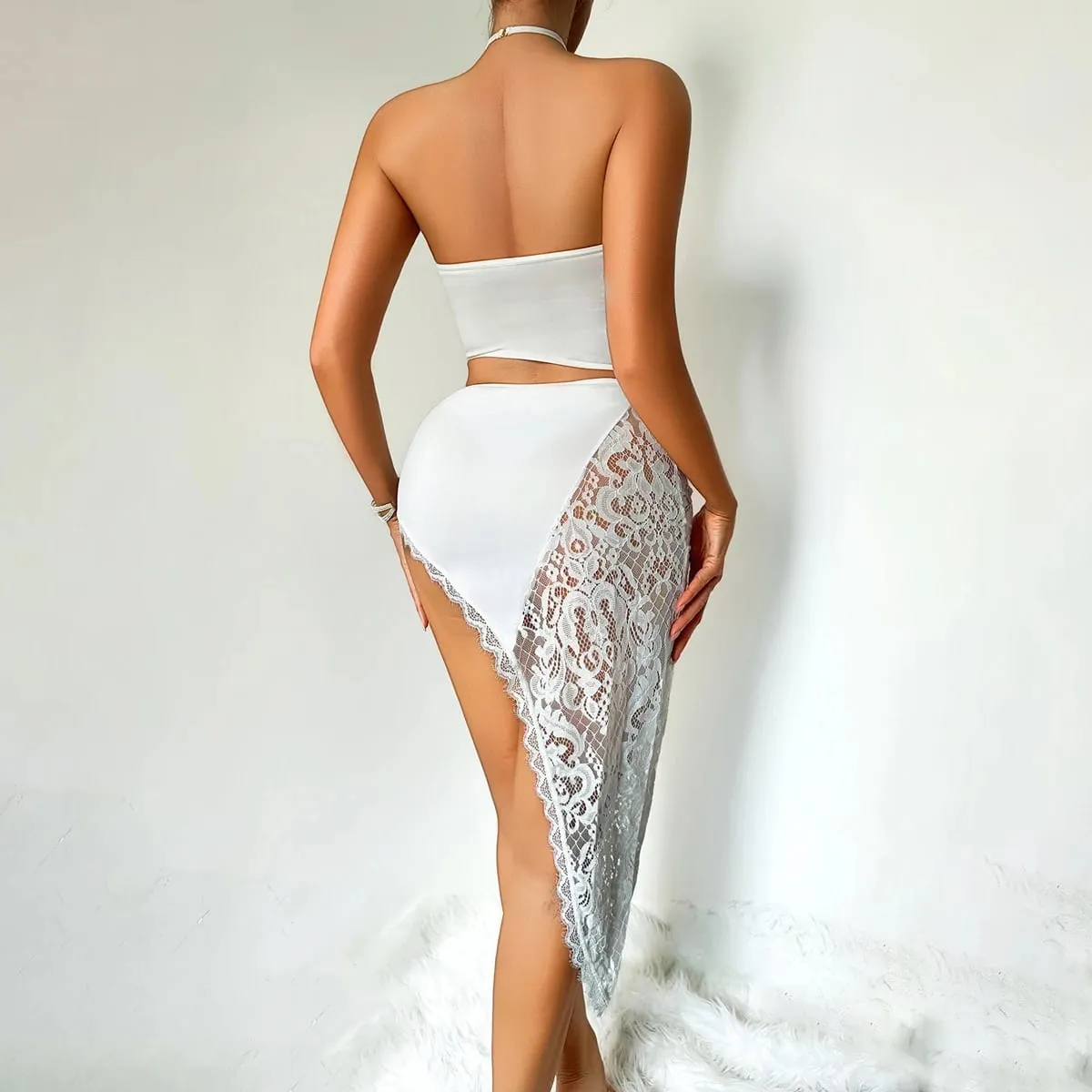2026 French Queen's Temperament Patchwork Lace Irregular Skirt Hanging Neck Suspender Sexy Shapewear Three Piece Set — image 6