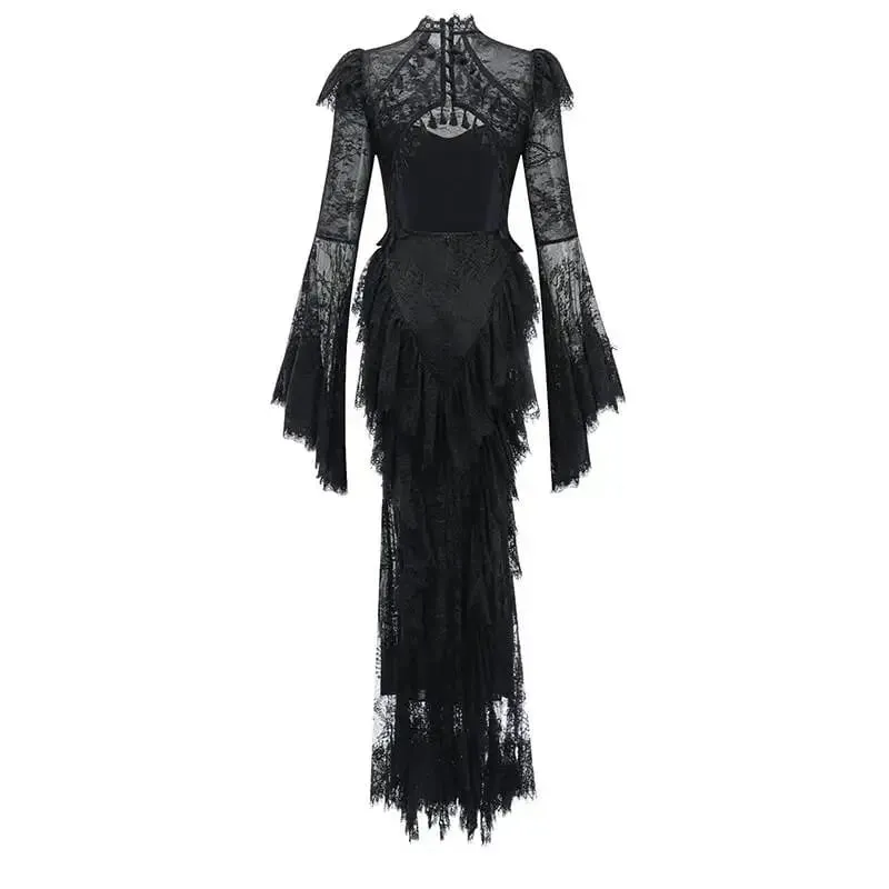 Summer Stand Collar Lace Tassel Hollow Out Flare Sleeve Dress Women Boned Waist Tiered Mermaid Dresses New 3A2709 — image 5
