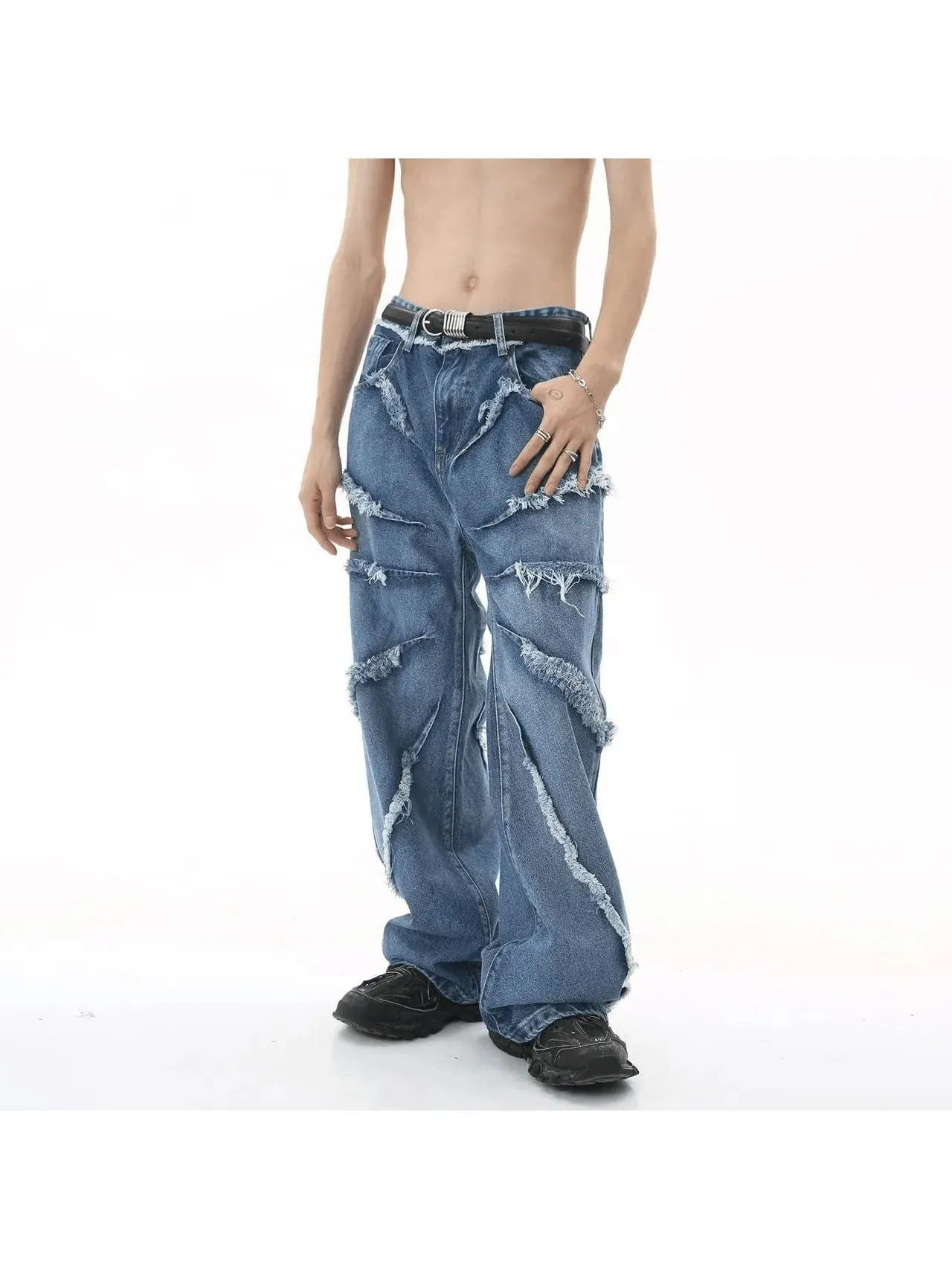 Men Y2K Rhinestone Rivet Decorated Wide Leg Jeans Vintage Washed Distressed Denim Pants Hip Hop Streetwear Baggy Trousers — image 3