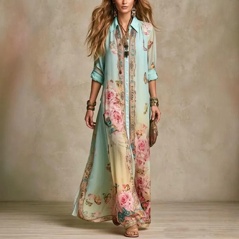 Boho Floral Print Shirt Dresses Women Turn-down Collar Single-breasted Loose Long Dress Summer Casual Beach Vacation Flowy Dress
