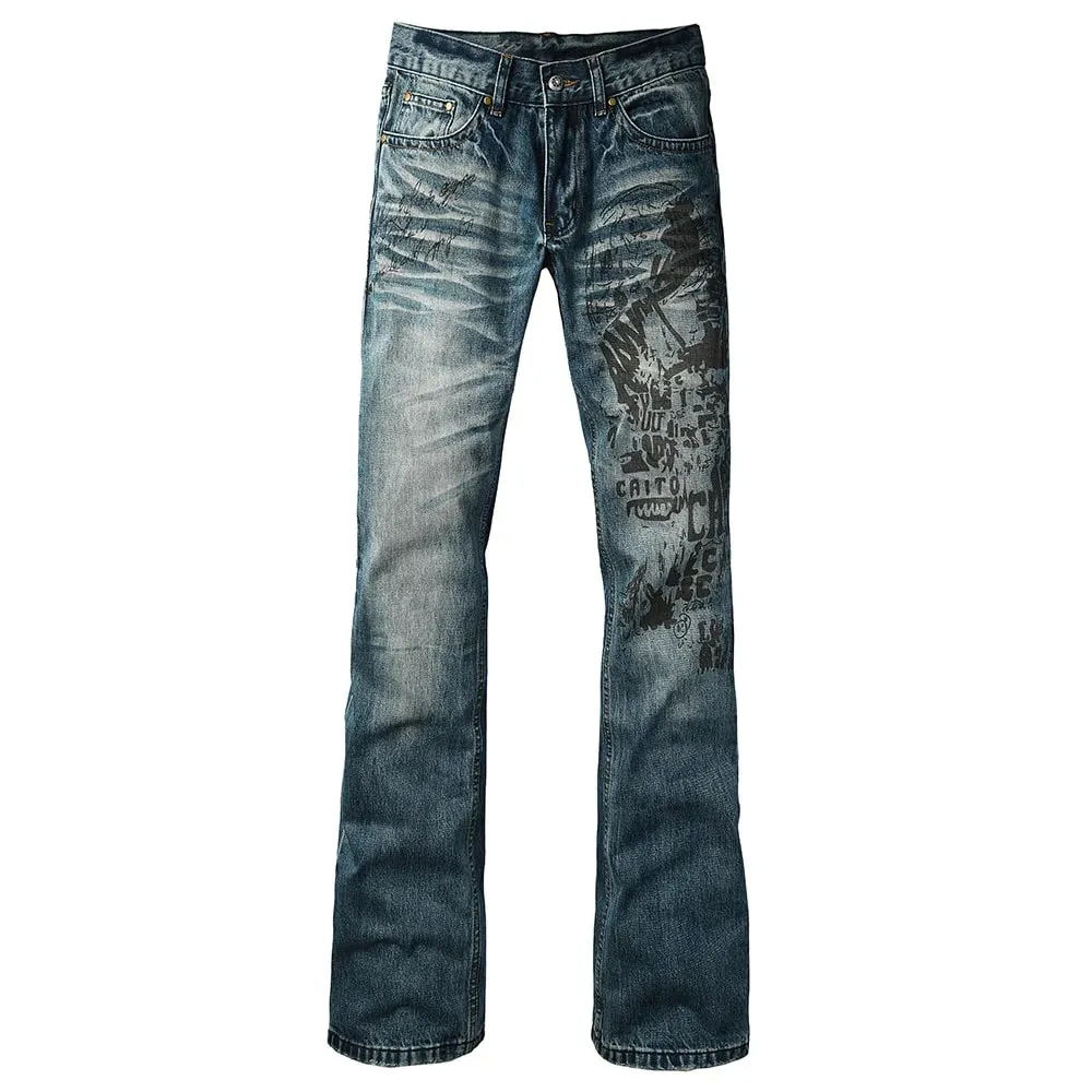 Men's Boot Cut Denim Jeans Slim Flared Pants Blue Stretch Long Trousers High-Quality Pattern Print — image 1