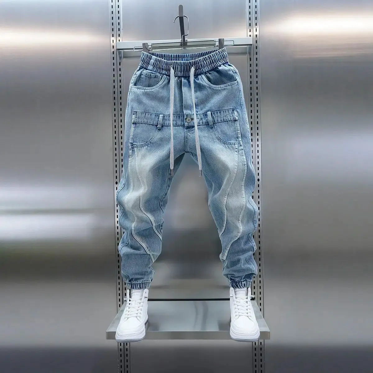 2026 Light Blue Gradient Harem Jeans Outdoor Casual Loose Fit Long Trousers Brand Men's Clothing — image 2