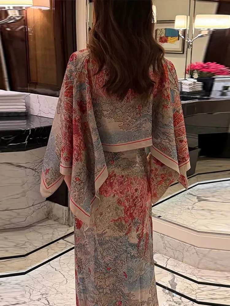 Women Tropical Leaf Print Cape Two Piece Set Batwing Loose Top High Waist Maxi Dress 2026 Summer Fashion Vacation Casual Suit — image 3