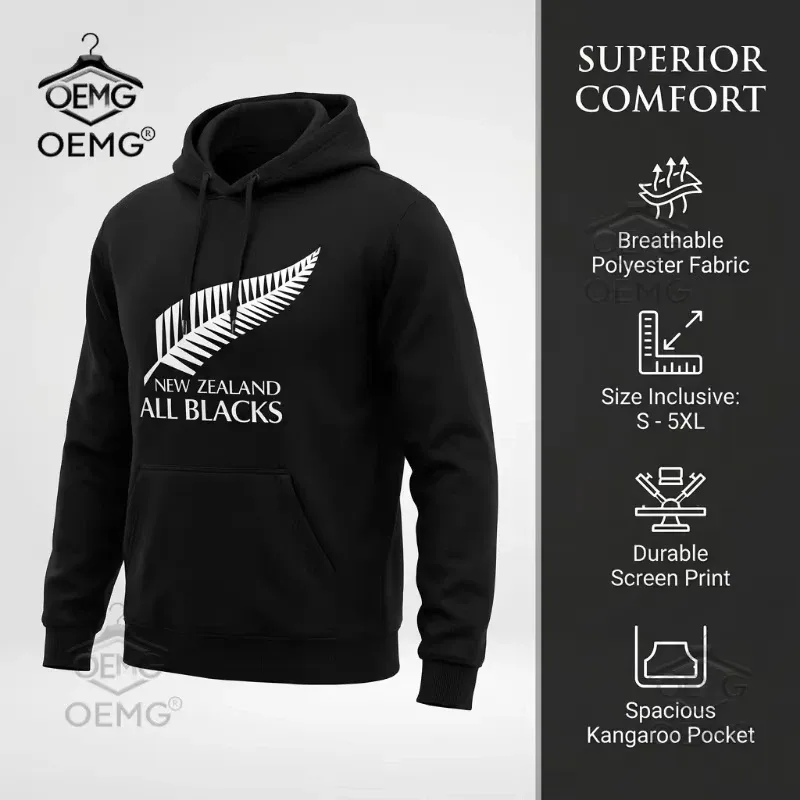 2026 Men's Oversized Polyester Hoodie with New Zealand All Blacks Feather Graphic Print Trendy Printed Large Size Sweatshirt — image 5