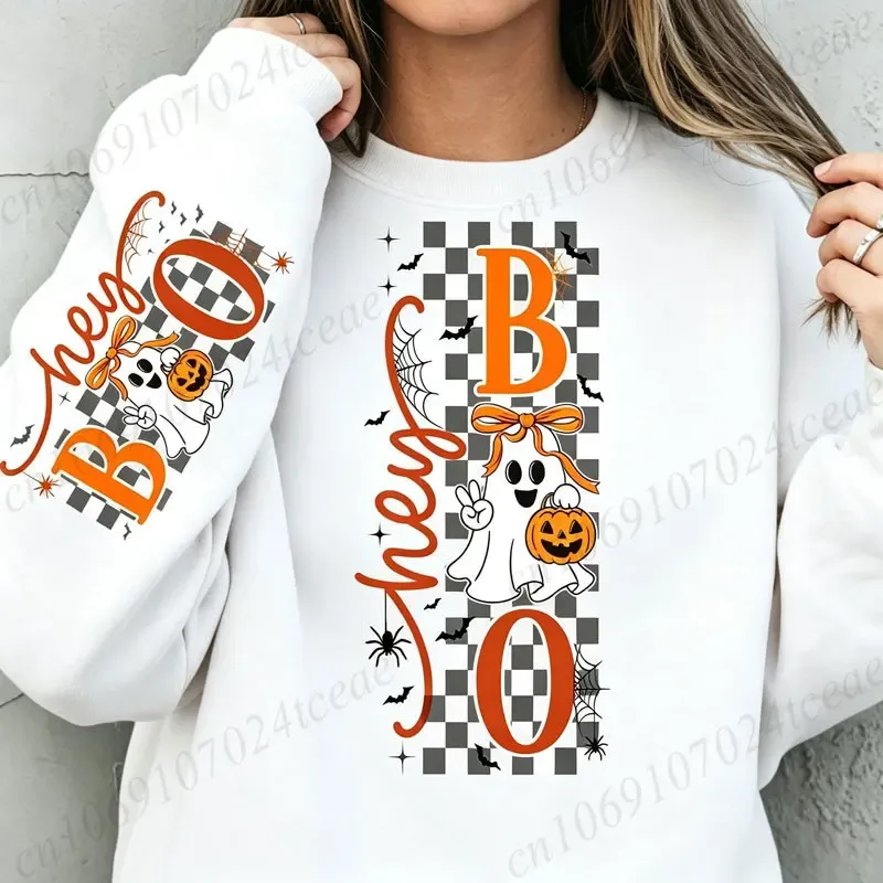 Halloween Hey Boo Unisex Sweatshirt Cute Bow Ghost Pumpkin Graphic Crewneck Long Sleeve Casual Fall Pullover Cotton Tops 330gsm — image 2