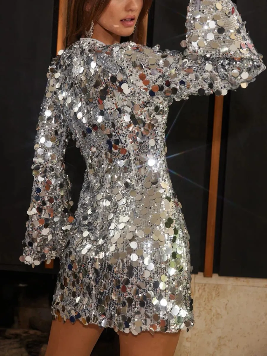 Trendy Silver Sequin Mini Dress Women Elegant Round Neck Sequin Club Party Dress 2026 Spring New Bodycon Hight Waist Gowns Dress — image 3