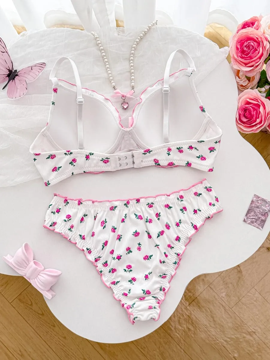 Floral A B C D Cup Women's Underwear Set Ribbed Knit Push Up Bra Daily Comfort Panties Women Ruffle Edge Lingerie Set — image 2
